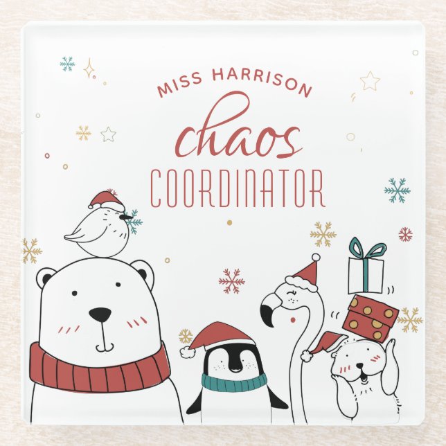 Christmas Animals Chaos Coordinator Personalised Glass Coaster (Front)