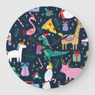 Christmas Animals, Cute Seamless Design. Large Clock