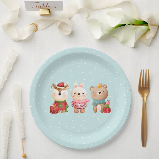 Christmas Animals in Festive Outfits Paper Plate (Wedding)