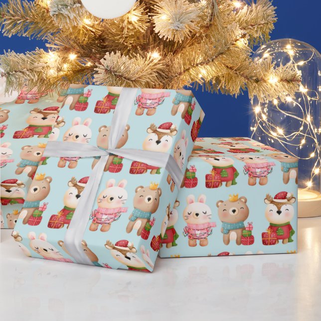 Christmas Animals in Festive Outfits Pattern Wrapping Paper (Holidays)