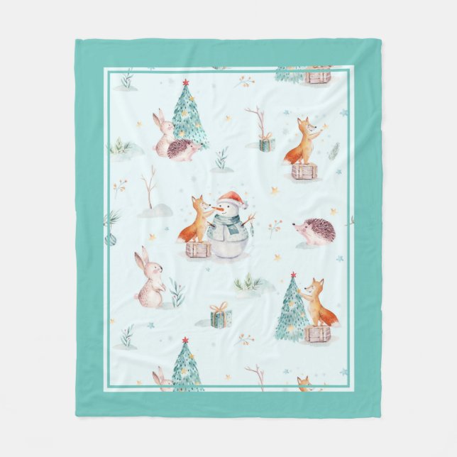 Christmas animals in winter wonderland fleece blanket (Front)