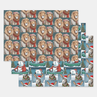 Christmas Animals, Lion, Polar Bear & Donkey Wrapping Paper Sheet