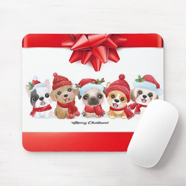 Christmas Animals Mouse Mat (Illustration of five cartoon dogs wearing Christmas hats and scarves.)