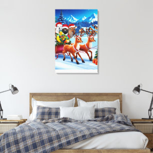 Christmas Animals Sleigh Canvas Art 20" x 30"