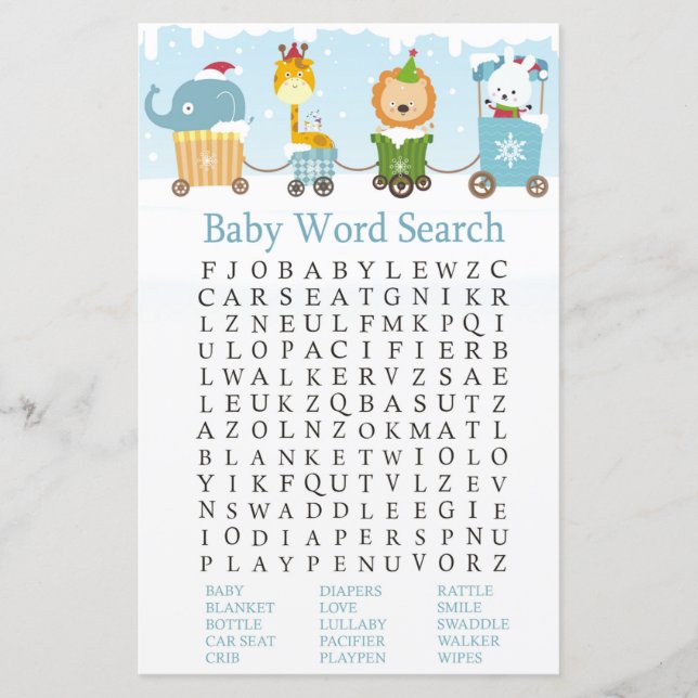 Christmas animals train Baby Shower Word Search (Front)