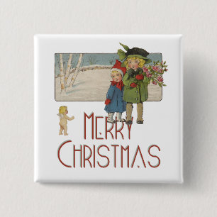 Christmas Antique Children Illustration 1920 15 Cm Square Badge