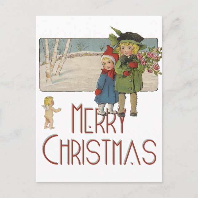 Christmas Antique Children Illustration 1920  Holiday Postcard (Front)