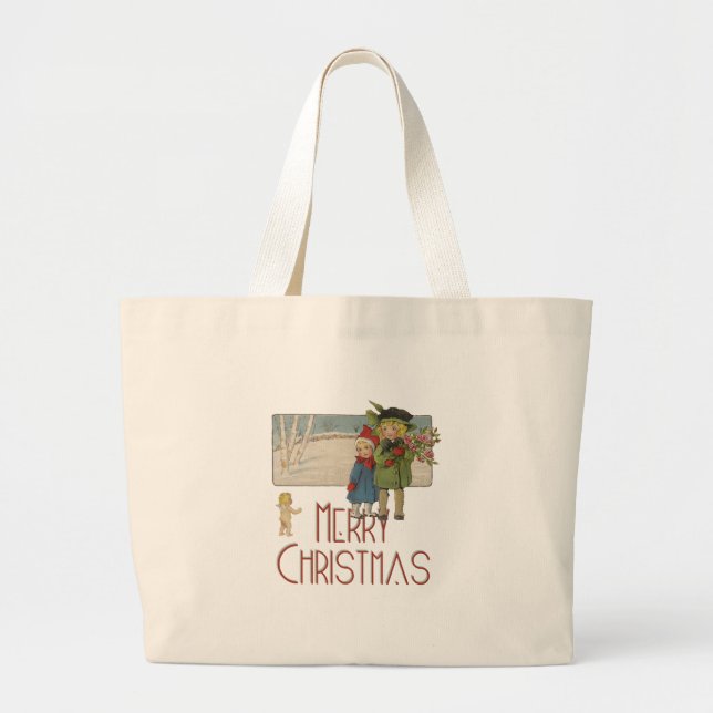 Christmas Antique Children Illustration 1920  Large Tote Bag (Front)