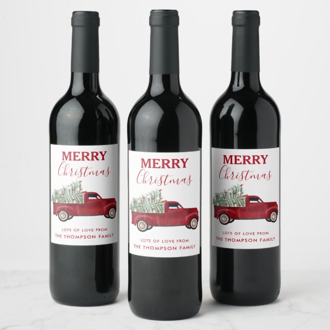 Christmas Antique Pickup Truck Xmas Tree Wine Label (Bottles)