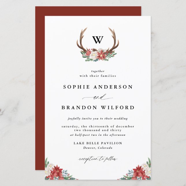 Christmas Antler Wreath Winter Wedding Invitation (Front/Back)