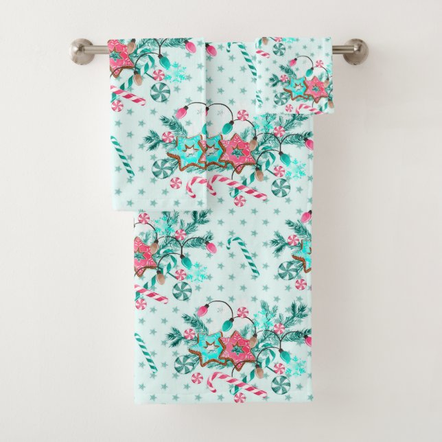 Christmas Aqua Blue pink Cookie Festive  Bath Towel Set (Insitu)