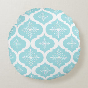 Christmas Aqua Blue Snowflakes Lattice Pattern Round Cushion