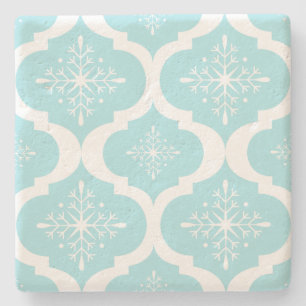 Christmas Aqua Blue Snowflakes Lattice Pattern Stone Coaster
