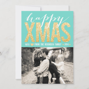 Christmas Aqua Gold Glitter Photo Flat Card