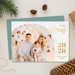 Christmas arch 1 photo modern minimalist blue gold foil holiday card<br><div class="desc">Elegant and modern Christmas greeting card featuring a minimalist design displaying your favourite family picture inside a trendy arch frame. Easily customise with your name and the current year in stylish gold foil serif fonts.</div>