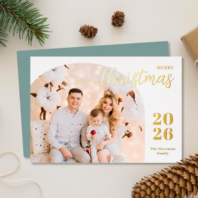 Christmas arch 1 photo modern minimalist blue gold foil holiday card (Creator Uploaded)