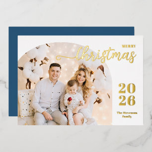 Christmas arch 1 photo modern minimalist blue gold foil holiday card