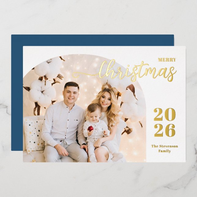 Christmas arch 1 photo modern minimalist blue gold foil holiday card (Front/Back)