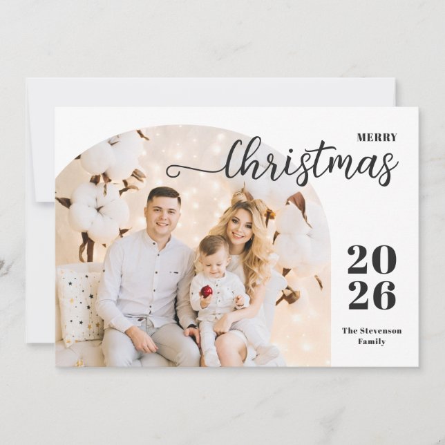 Christmas arch 1 photo modern minimalist blue holiday card (Front)