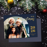 Christmas arch 1 photo modern minimalist gold foil holiday card<br><div class="desc">This elegant and modern Christmas greeting card features a minimalist design displaying your favourite family picture inside a trendy arch frame. Easily customisable with your family name and the current year in stylish gold foil serif fonts over a classic blue background.</div>