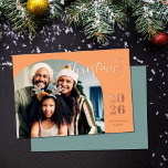 Christmas arch 1 photo modern minimalist gold foil holiday card<br><div class="desc">This elegant and modern Christmas greeting card features a minimalist design displaying your favourite family picture inside a trendy arch frame. Easily customisable with your family name and the current year in stylish rose gold foil serif fonts over a light shade of orange.</div>