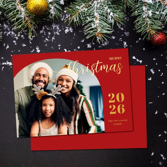 Christmas arch 1 photo modern minimalist red foil holiday card (Creator Uploaded)