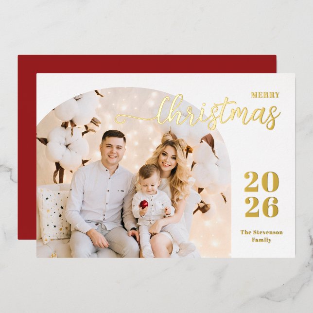 Christmas arch 1 photo modern minimalist red gold foil holiday card (Front/Back)
