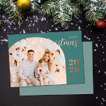 Christmas arch 1 photo modern minimalist teal foil holiday card<br><div class="desc">Elegant and modern Christmas greeting card featuring a minimalist design displaying your favourite family picture inside a trendy arch frame. Easily customise with your name and the current year in stylish rose gold foil serif fonts.</div>