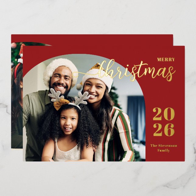 Christmas arch 2 photo modern minimalist red foil holiday card (Front/Back)