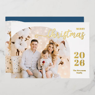 Christmas arch 2 photos modern minimalist blue foil holiday card