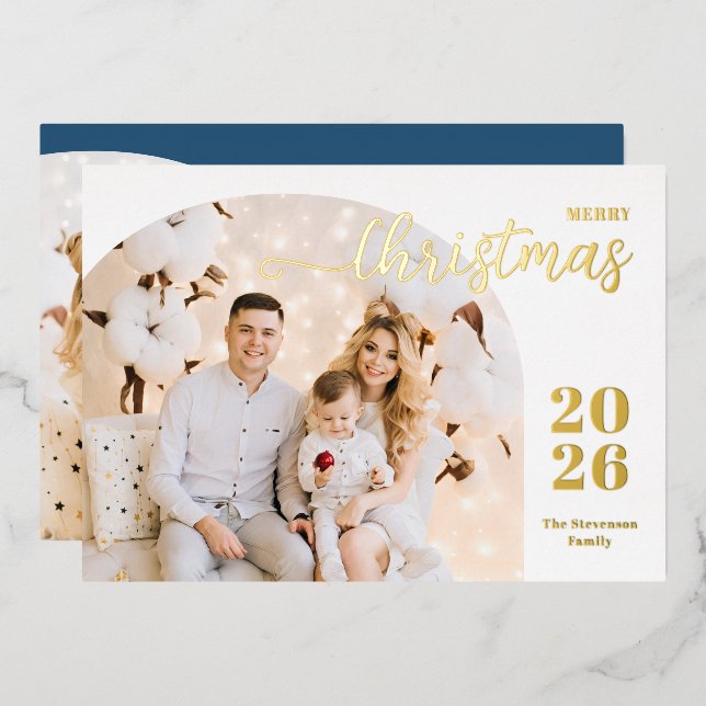 Christmas arch 2 photos modern minimalist blue foil holiday card (Front/Back)