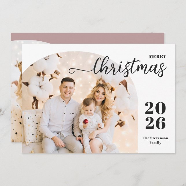 Christmas arch 2 photos modern minimalist mauve holiday card (Front/Back)