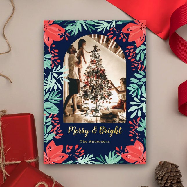 Christmas Arch Photo Blue Botanical Floral Gold Foil Holiday Card (Creator Uploaded)