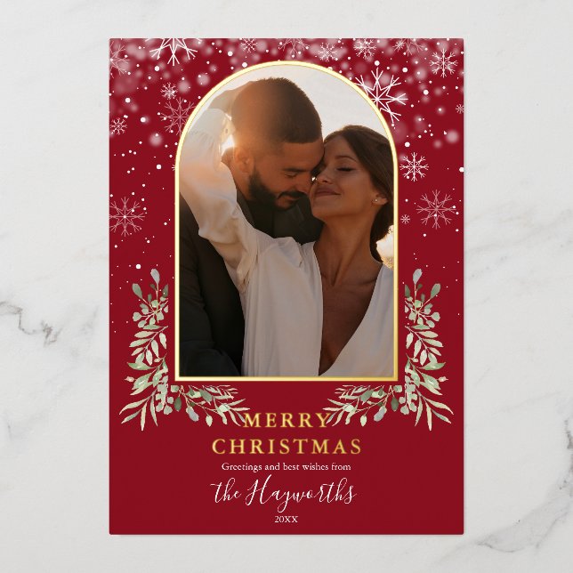 Christmas Arch Photo Floral Greenery Foil Holiday Card (Front)