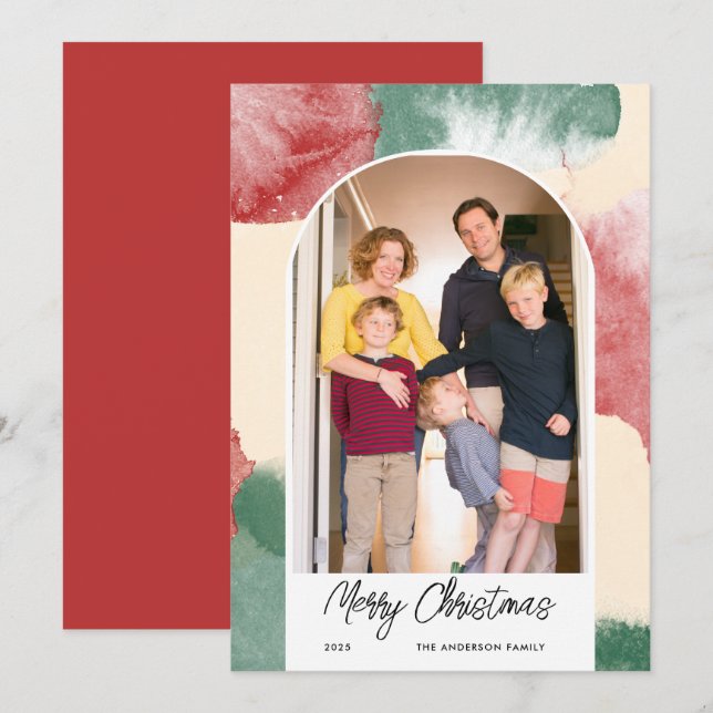Christmas Arched Photo Abstract Watercolor Holiday Card (Front/Back)