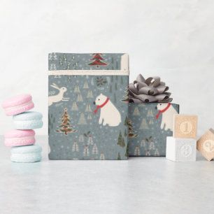 Christmas arctic animals polar bear on blue grey wrapping paper