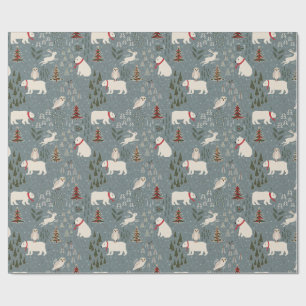 Christmas arctic animals polar bear on blue grey wrapping paper