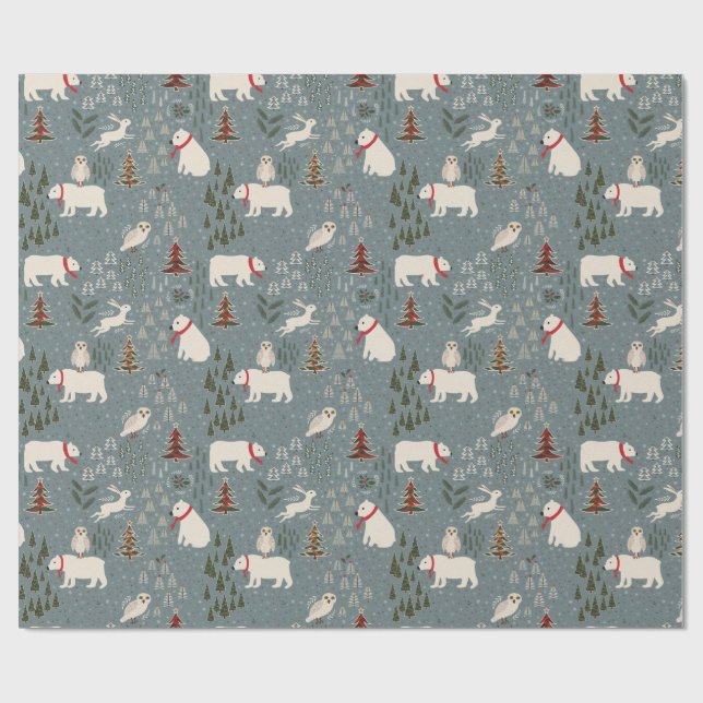 Christmas arctic animals polar bear on blue grey wrapping paper (Flat)