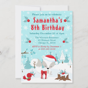 Christmas Arctic Fox & Bird Winter Scene Birthday Invitation