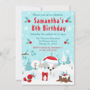Christmas Arctic Fox & Bird Winter Scene Birthday Invitation