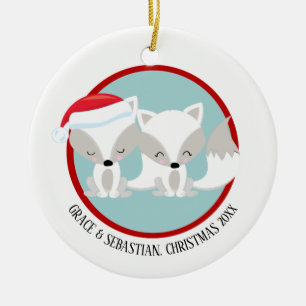 Christmas Arctic Foxes Personalised Ceramic Tree Decoration