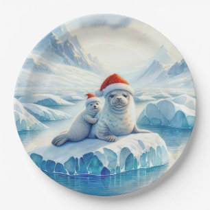 Christmas Arctic Seals with Santa Hats Paper Plate