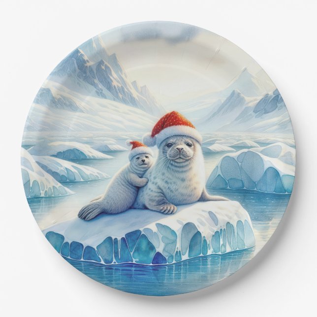 Christmas Arctic Seals with Santa Hats Paper Plate (Front)