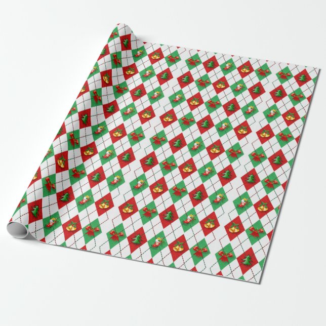 Christmas Argyle Pattern Retro Gift Wrapping Paper (Unrolled)