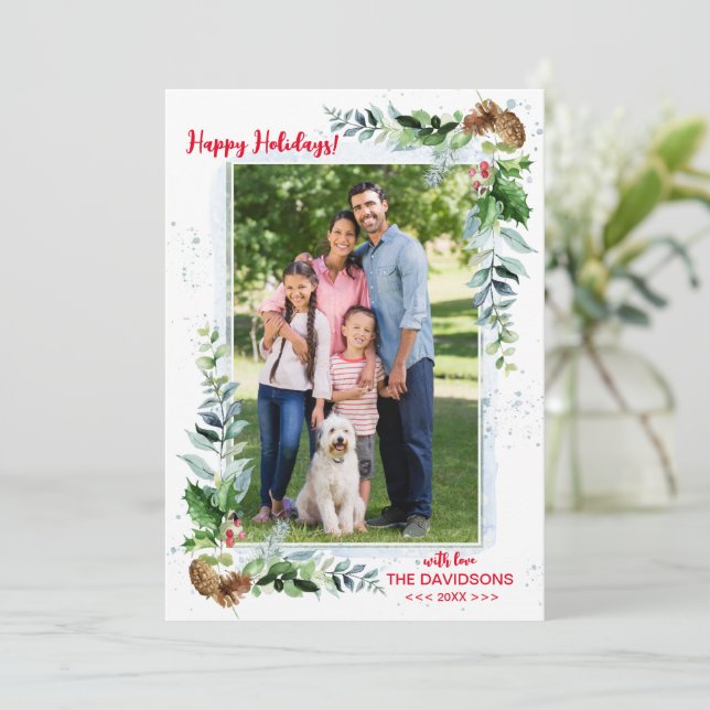 Christmas Arrangement Red Green Happy Holidays Holiday Card (Standing Front)