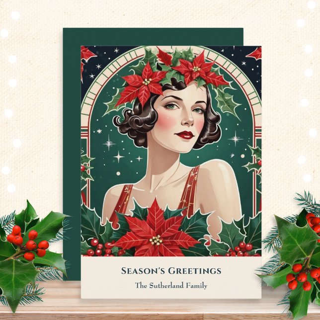Christmas Art Deco Inspired Portrait Lady Retro Holiday Card (A stylish Christmas card with a picture of an elegant lady in an Art Deco inspired style)