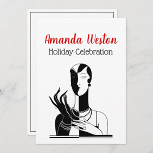 Christmas Art Deco Lady With Pearls Black Transp Invitation