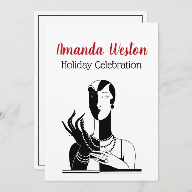 Christmas Art Deco Lady With Pearls Black Transp Invitation (Front/Back)