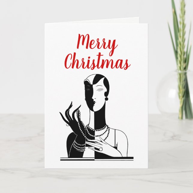 Christmas Art Deco Lady wth Pearls Black Transp Holiday Card (Front)