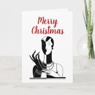 Christmas Art Deco Lady wth Pearls Black Transp Holiday Card